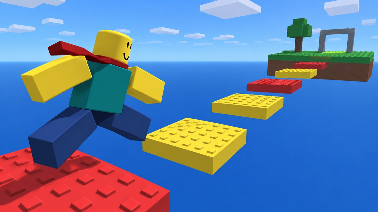 Classic Roblox thumbnail with an early 2010s obby aesthetic: a blocky avatar jumping across red and yellow platforms