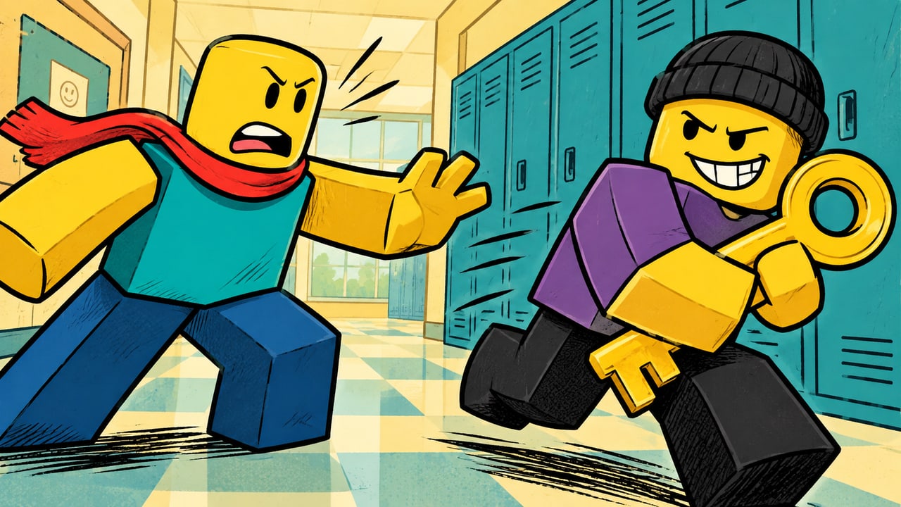 Roblox thumbnail in a sketchlike comic art style: two blocky characters chasing a golden key through a school hallway