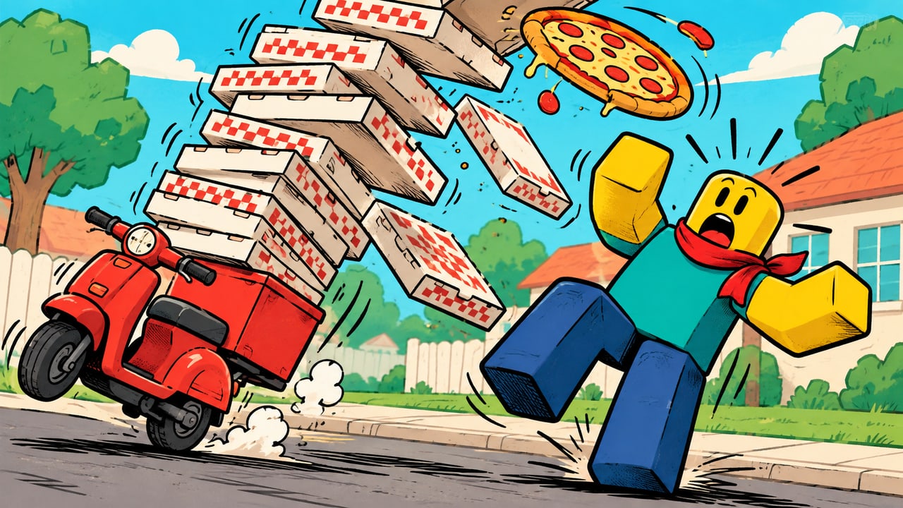 Roblox thumbnail with a sketchlike cartoon aesthetic: a surprised avatar beside a red scooter and falling pizza boxes