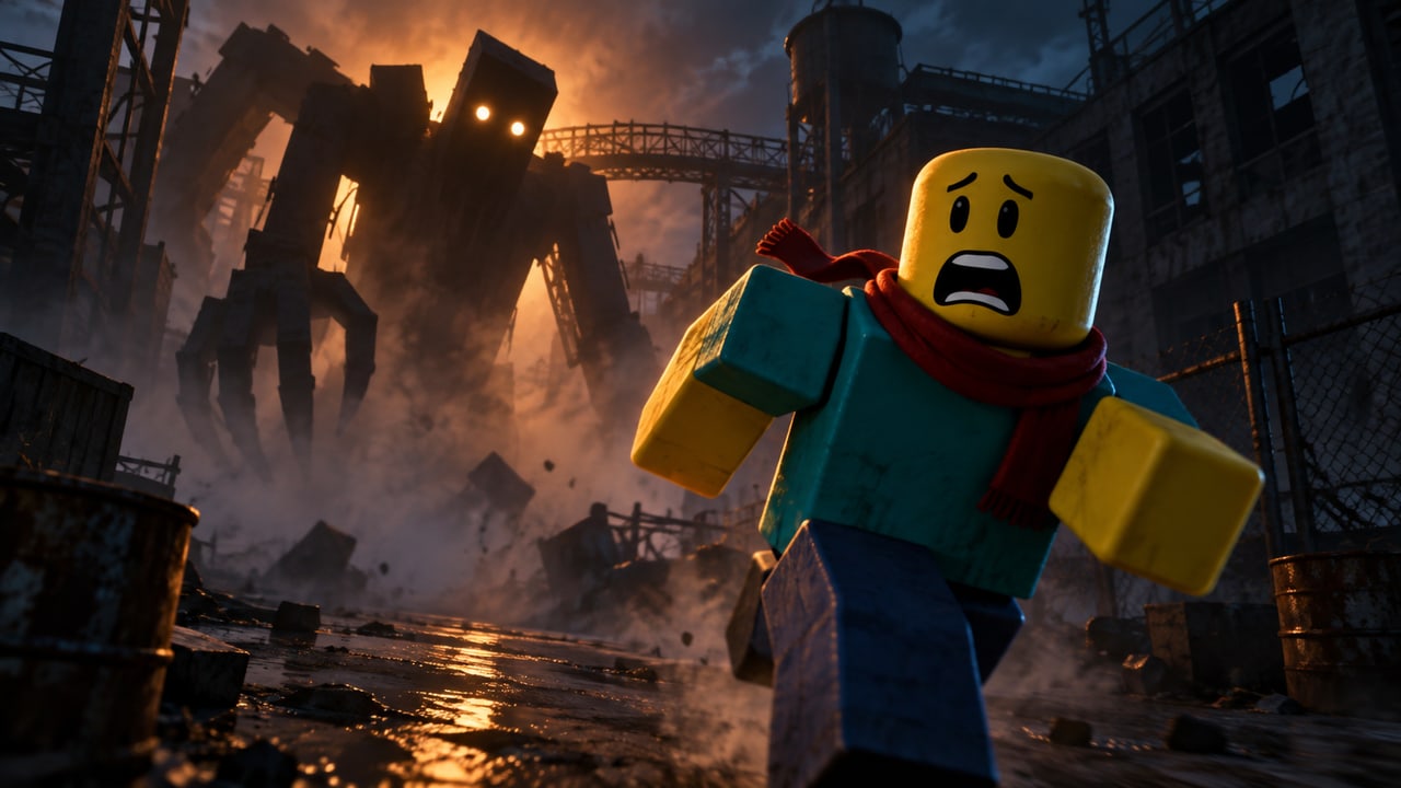 Roblox horror thumbnail with cinematic 3D lighting: a frightened avatar escaping a giant shadow creature