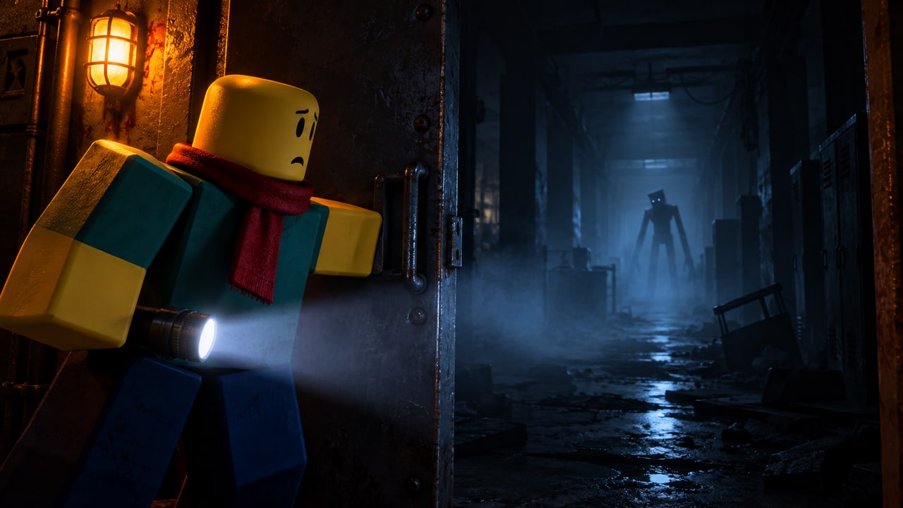 Roblox horror thumbnail in a cinematic GFX style: an avatar exploring a foggy corridor with a flashlight